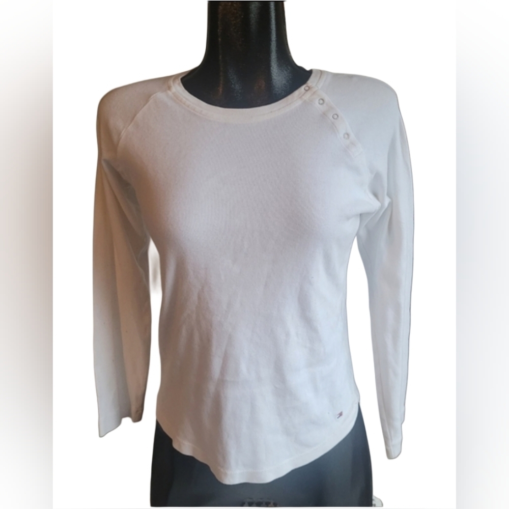 Tommy Jeans White Long Sleeve Top With Buttoned Shoulder Size L